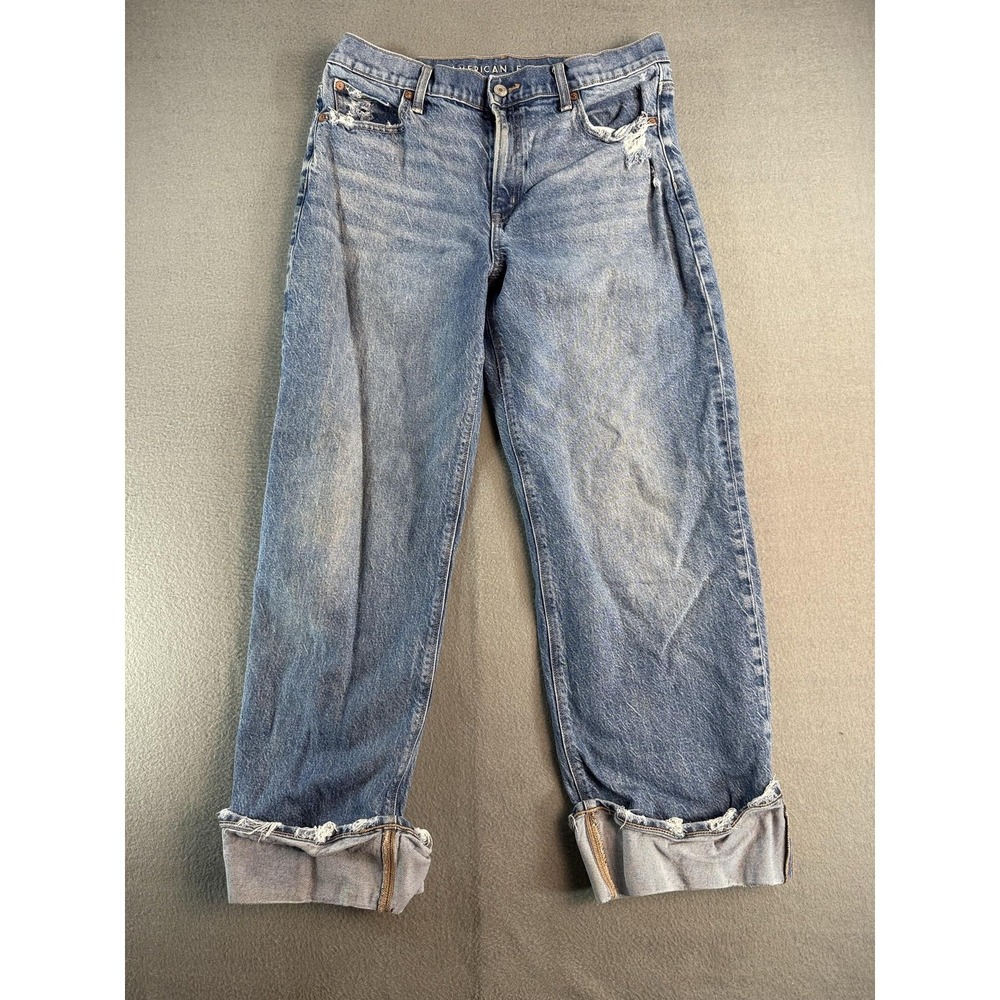 American Eagle Stovepipe Jeans Womens 10 Med Wash Blue Distressed Cuffed Denim